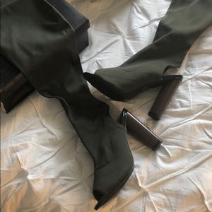 Olive Stretchy Lycra Thigh High Chunky Heel Boots